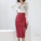 Set: Long-sleeve Sheer Dotted Top + High-waist Plain Side-slit Pencil Skirt