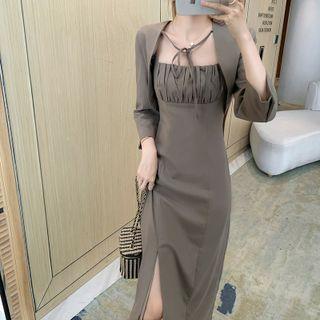 Tie-front Bolero Jacket / Spaghetti Strap Slit Midi Dress