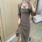 Tie-front Bolero Jacket / Spaghetti Strap Slit Midi Dress