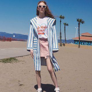 Letter Print Stripe Jacket With Sash Multicolor - One Size