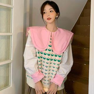 Puff-sleeve Peter Pan-collar Blouse / Flower Print Knit Vest