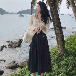Color Panel Frill Trim Midi Skirt / Plain Frill Trim Split Neck Shirt
