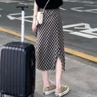 Check Slit Midi A-line Skirt Plaid - Black & Light Gray - One Size