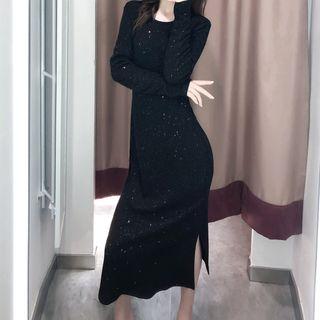 Glitter Long-sleeve Midi Knit Dress
