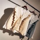 Set: Long-sleeve Lace Blouse + Button Knit Vest