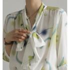 Puff-sleeve Tie-neck Printed Blouse