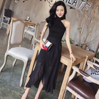 Set: Halter Camisole Top + Asymmetric Hem Midi Skirt