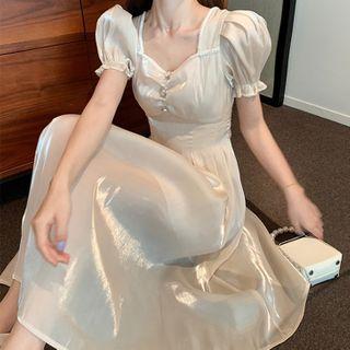 Lace-up Plain Square Neck Puff Sleeve Dress