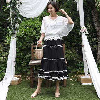 Sheer Batwing-sleeve Crochet Blouse Ivory - One Size
