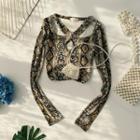 Long-sleeve Animal Print Cutout Top