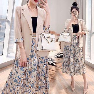 Set: Plain Blazer + Floral Print Midi A-line Skirt