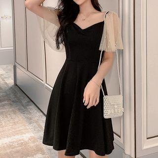 Faux Pearl Mesh Panel Short-sleeve Mini A-line Dress