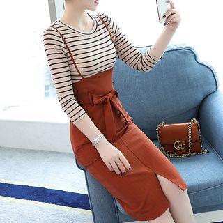 Set: Striped Long-sleeve Knit Top + High Waist Suspender Skirt