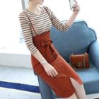 Set: Striped Long-sleeve Knit Top + High Waist Suspender Skirt