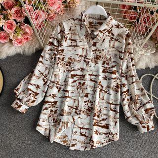 Print Oversized Chiffon Long-sleeve Shirt