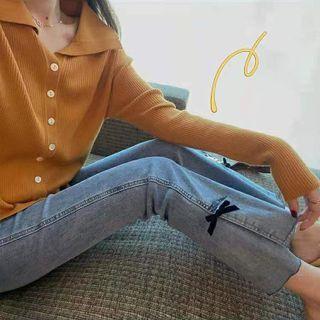 High Waist Bow Accent Slit Cropped Boot-cut Jeans