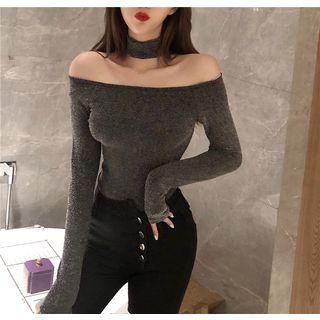 Plain Off-shoulder Long-sleeve Slim-fit Top
