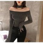 Plain Off-shoulder Long-sleeve Slim-fit Top