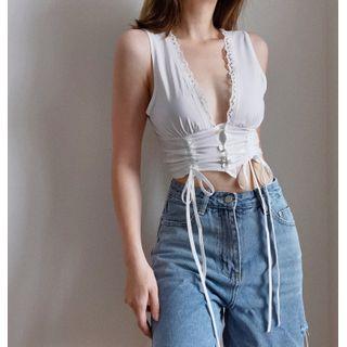 V-neck Plain Lace Drawstring Tank Top