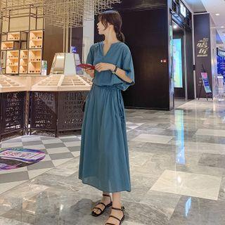 Elbow-sleeve Notch-neck Midi A-line Dress