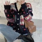 Long-sleeve Printed Knit Cardigan Floral - One Size