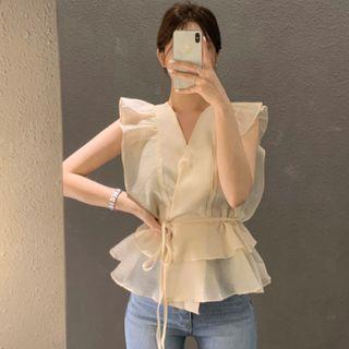 V Neck Ruffle Tie-waist Chiffon Sleeveless Top