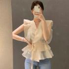 V Neck Ruffle Tie-waist Chiffon Sleeveless Top