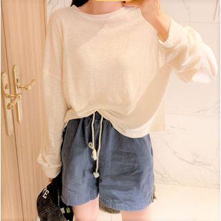 Long-sleeve Plain T-shirt / Linen Wide-leg Shorts