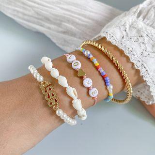 Set Of 5: Layered Beaded Bracelet + Bangle Set Of 5 - 2742 - Gold - One Size