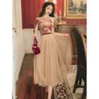 Short-sleeve Floral Embroidered Velvet Blouse / Midi A-line Mesh Skirt / Set