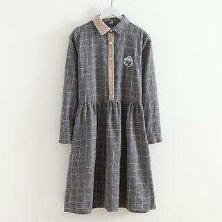 Long-sleeve Plaid Midi A-line Shirt Dress Gray - One Size
