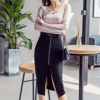 Set: Plain Long-sleeve Top + Front Zip High Waist Pencil Skirt