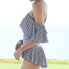 Houndstooth Cut Out Shoulder Swimsuit