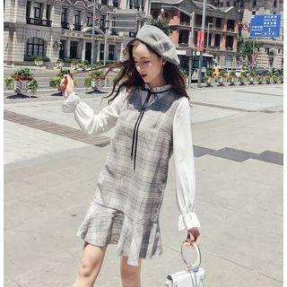 Long-sleeve Chiffon Panel Plaid A-line Dress
