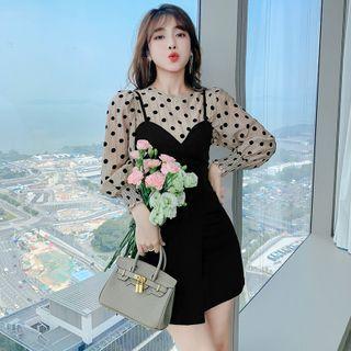 Set: Dotted Blouse + Spaghetti Strap Mini Dress