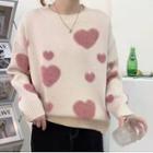Round Neck Drop Shoulder Heart Print Loose Fit Sweater