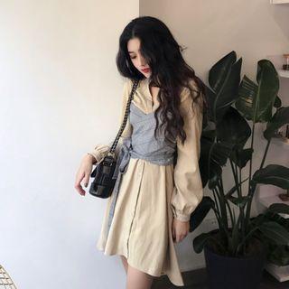 Mock-two Plaid Long-sleeve Slim-fit Dress