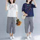 Short-sleeve Floral T-shirt / Crop Plaid Harem Pants