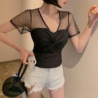 Short-sleeve Dotted Mesh Knot-front Top