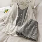 Set: Open-front Light Cardigan + Checker Top + Shorts Set Of 3 - One Size