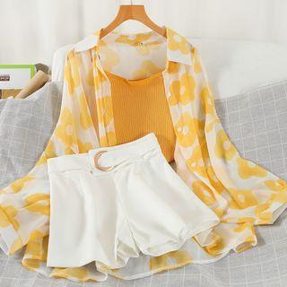 Set: Flower Print Shirt + Plain Shorts