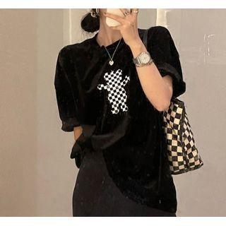 Elbow-sleeve Checkerboard Bear Print Velour T-shirt