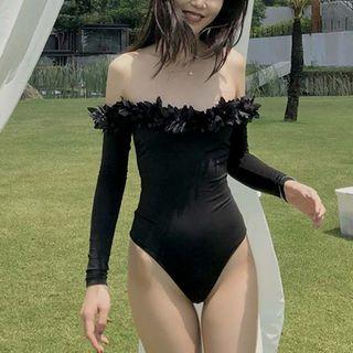 Off-shoulder Long-sleeve Flower-accent Swimsuit