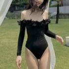 Off-shoulder Long-sleeve Flower-accent Swimsuit