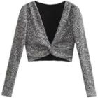Long-sleeve Twisted Sequined Crop Top