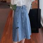 Plain Blouse / Bow Denim Midi A-line Skirt