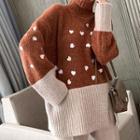 Heart Print Turtleneck Two-tone Sweater