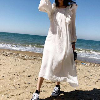 Square-neck Ruffle-trim Textured Long Dress