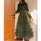 Long-sleeve Mesh Maxi A-line Dress