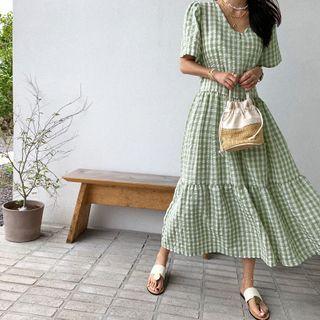 Gingham Seersucker Tiered Long Dress
